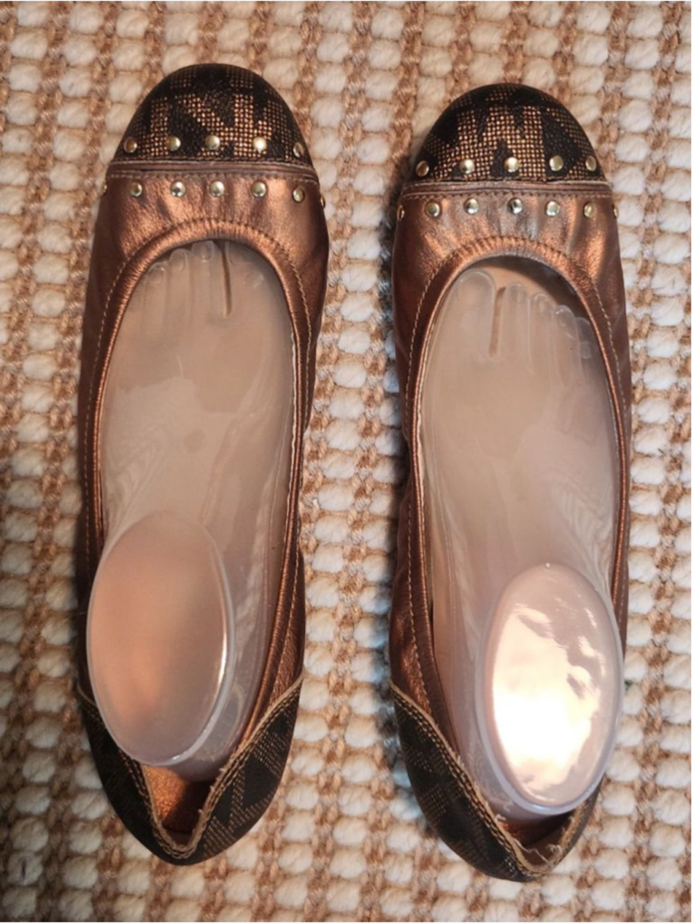 Vintage Women's Michael Kors 7.5 Bronze Brown Studded Leather Logo Ballet Flats